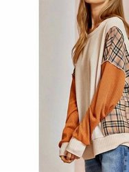 Blush Waffle Top With Plaid Panels On Side