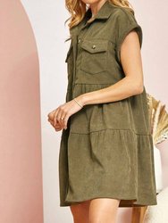 Corduroy Button Up Dress In Olive