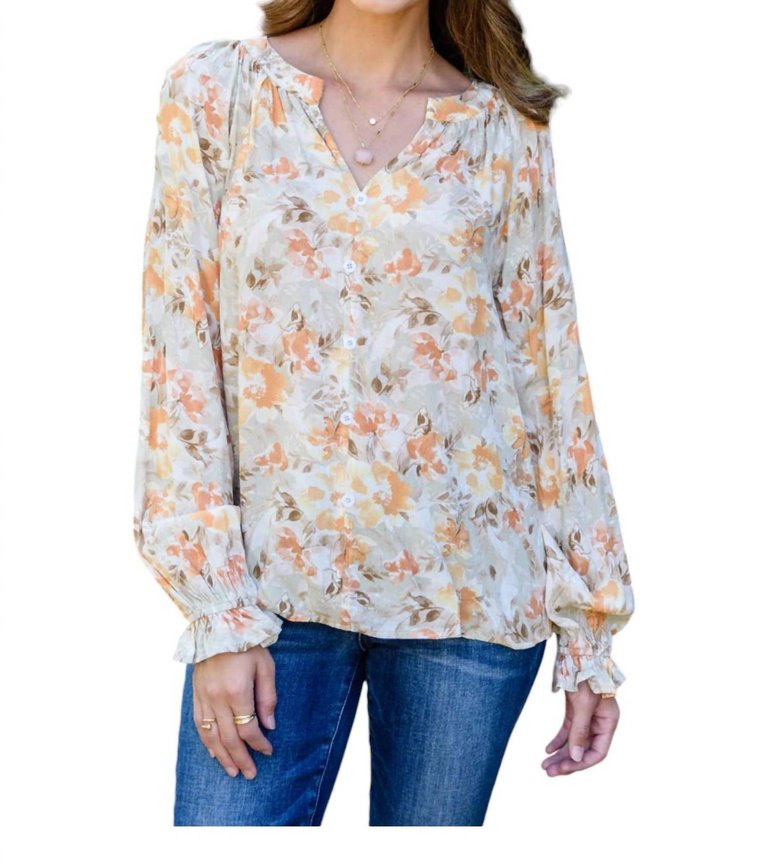 Courtney Floral Button Up Top In Beige - Beige