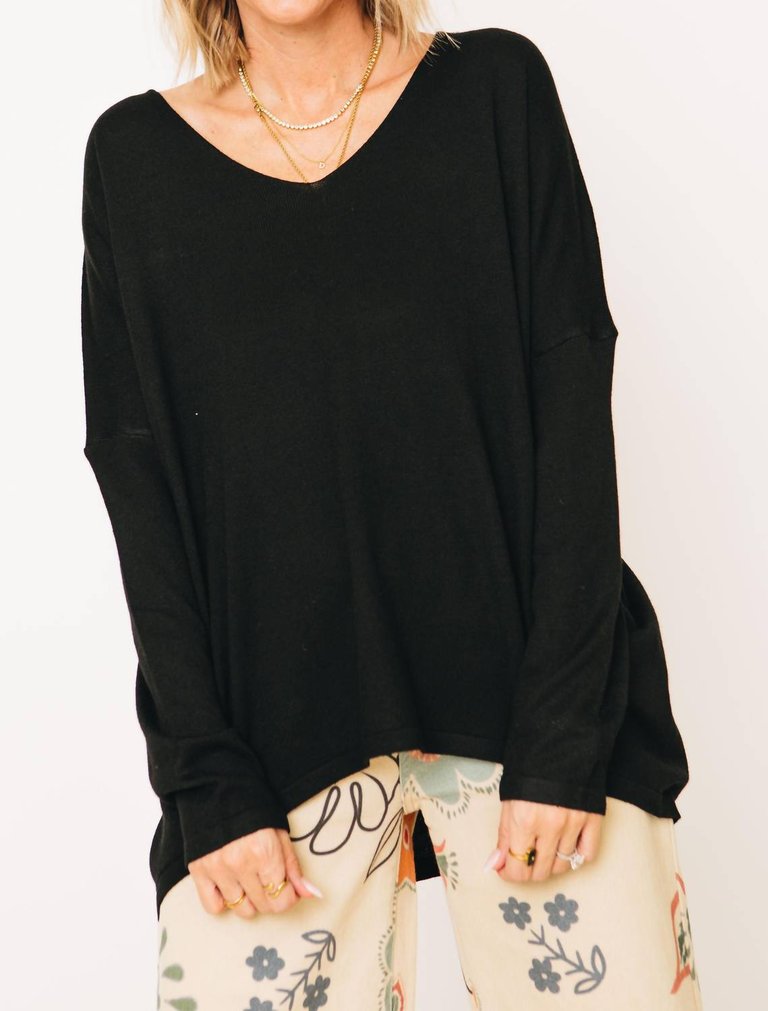 Drop Shoulder Long Sleeve Top In Black - Black