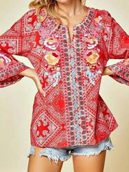 Embroidered Top With Bell Sleeves - Red Multi