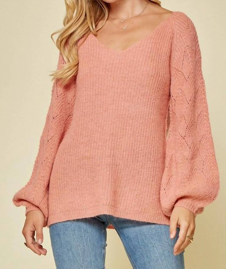 Patterned Sleeve Knit Sweater In Apricot - Apricot