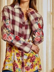 Plaid Button Down Top With Embroidery - Wine