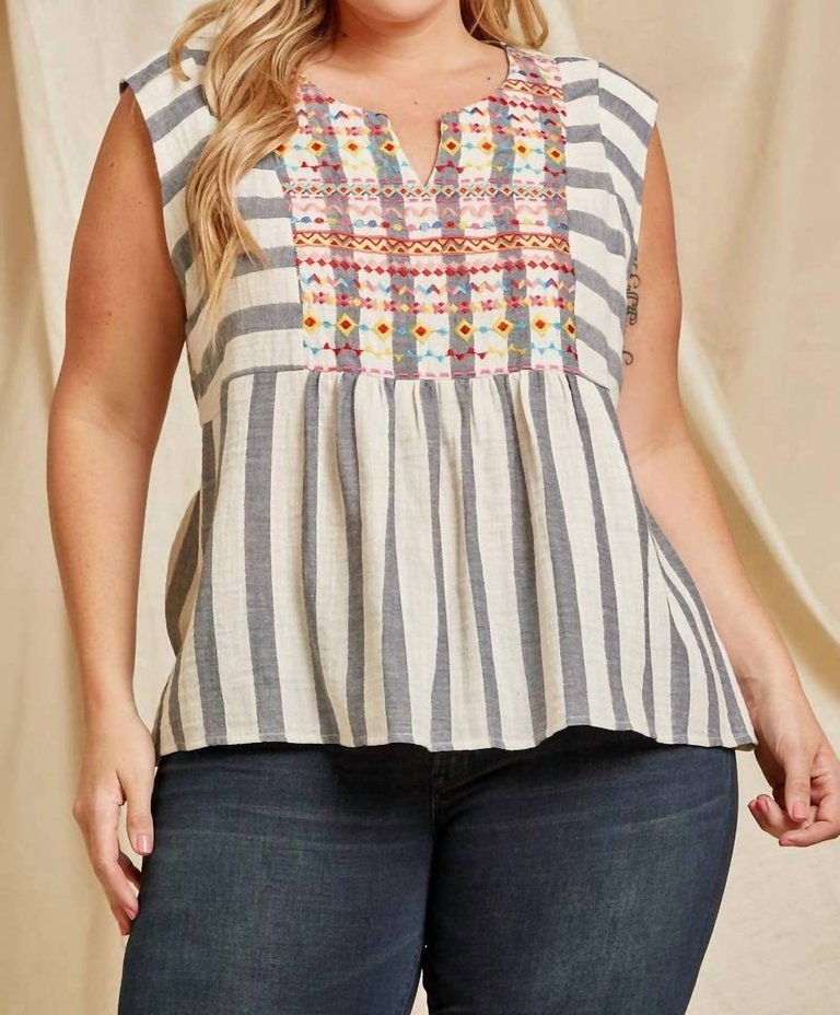 Plus Woven Striped Top In Cream Multi - Cream Multi