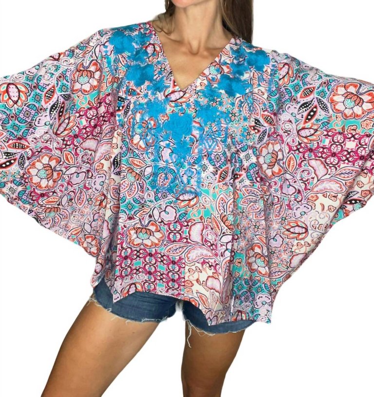 Poncho Embroidered Top In Blue Multi