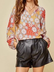 Retro Print Blouse - Rust - Rust