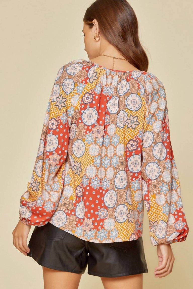 Retro Print Blouse - Rust