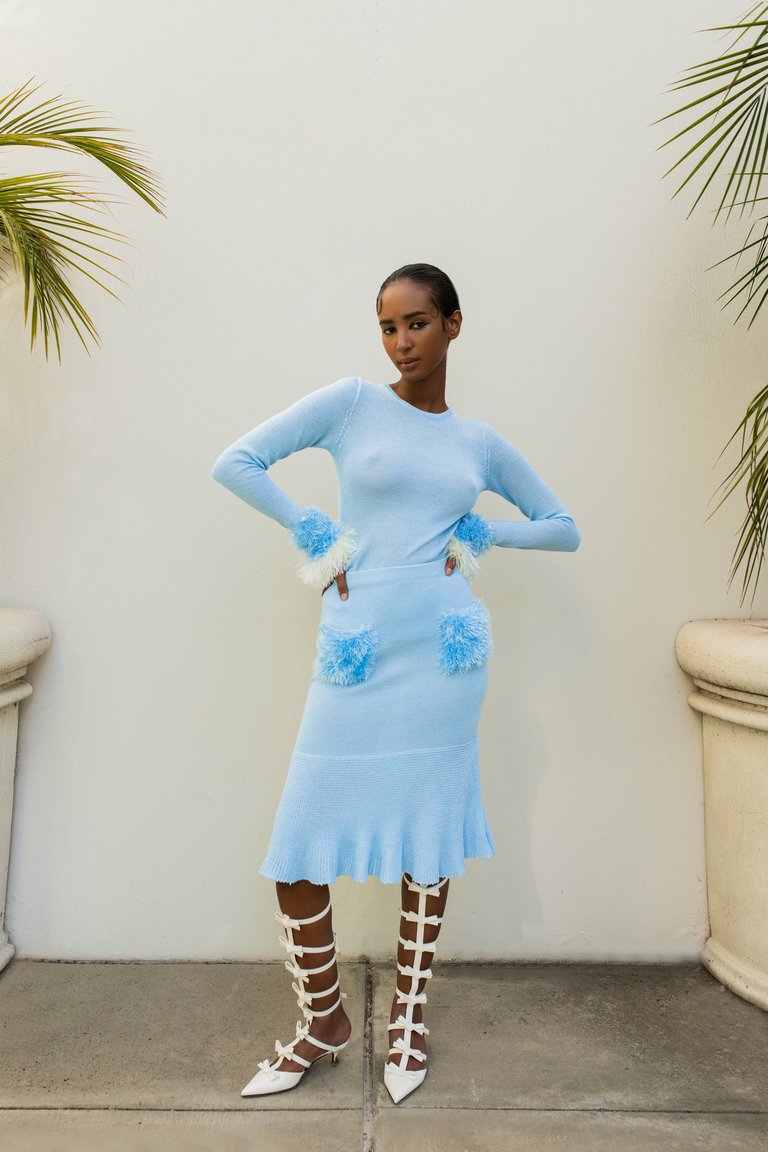 Baby Blue Knit Skirt With Handmade Details