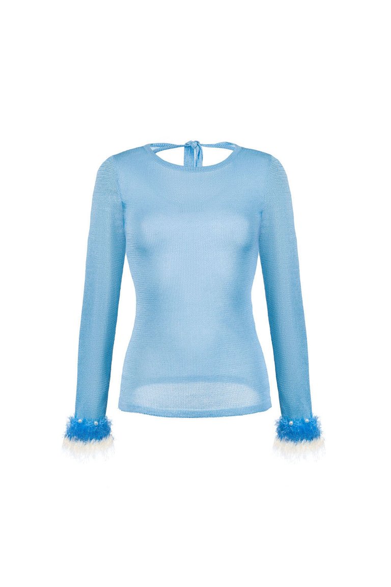 Baby Blue Knit Top With Handmade Knit Details - Blue