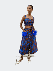 Blue Printed Skirt With Feathers