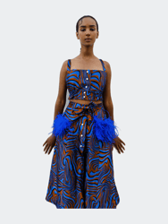 Blue Printed Skirt With Feathers