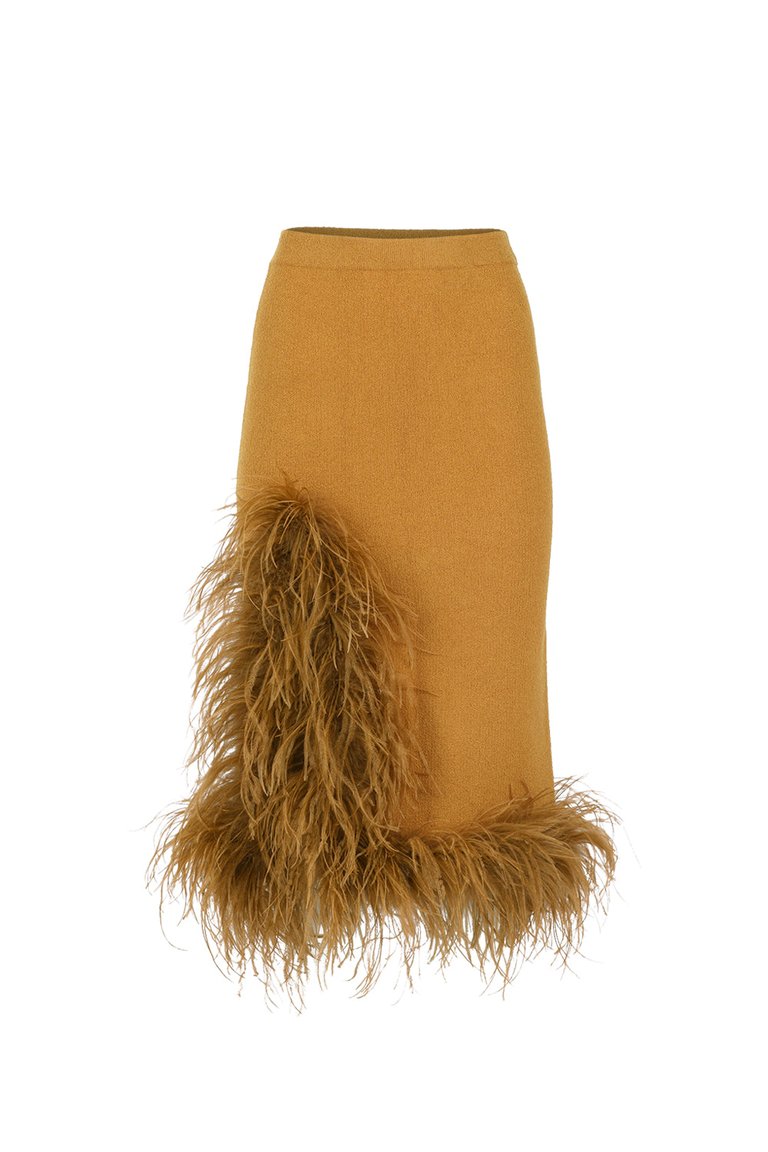 Camel Knit Skirt With Feathers - Camel