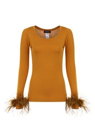 Camel Knit Top With Detachable Feather Cuffs - Camel