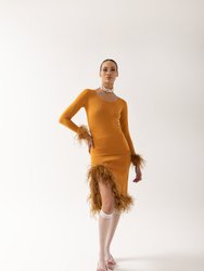 Camel Knit Top With Detachable Feather Cuffs