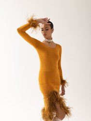 Camel Knit Top With Detachable Feather Cuffs