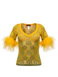 Green Flower Top With Feathers - Multicolor