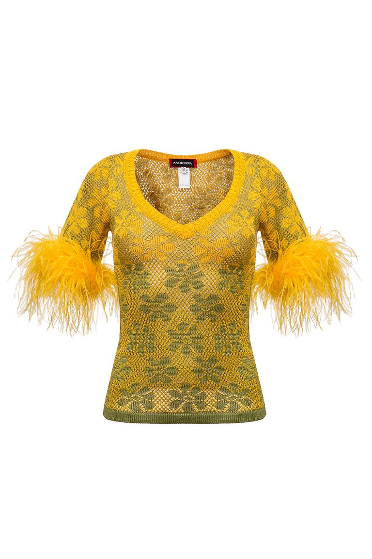 Green Flower Top With Feathers - Multicolor