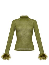 Green Knit Turtleneck With Handmade Knit Details - Green