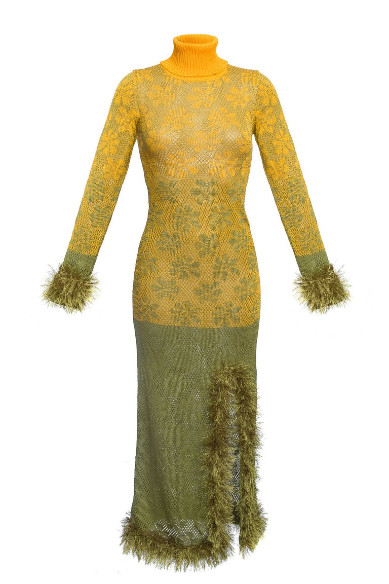 Green Multicolor Dress With Handmade Knit Details - Green
