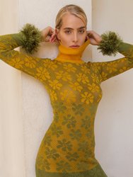 Green Multicolor Dress With Handmade Knit Details