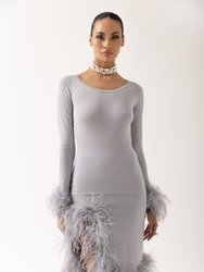 Grey Knit Top With Detachable Feather Cuffs