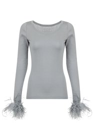 Grey Knit Top With Detachable Feather Cuffs - Grey
