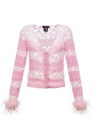 Handmade Knit Sweater With Detachable Feather Details On The Cuffs And Pearl Buttons - Pink - Pink