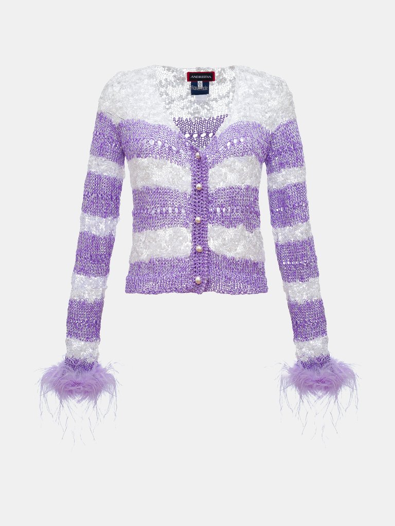 Lavender Handmade Knit Sweater With Detachable Feather Details On The Cuffs and Pearl Buttons - Lavender