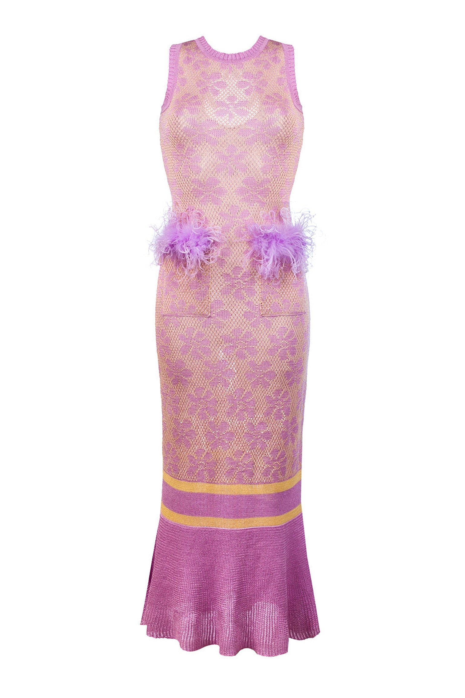 ANDREEVA ANDREEVA LAVENDER KNIT DRESS WITH FEATHERS DETAILS