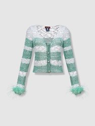 Mint Handmade Knit Sweater With Detachable Feather Details On The Cuffs And Pearl Buttons - Mint