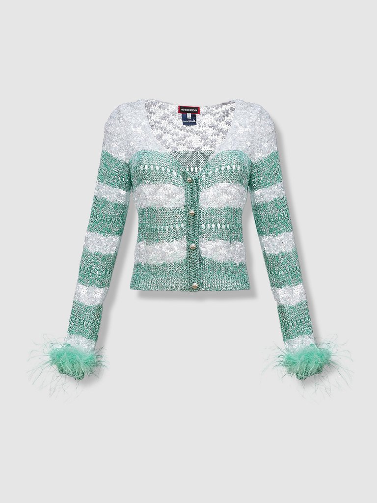 Mint Handmade Knit Sweater With Detachable Feather Details On The Cuffs And Pearl Buttons - Mint