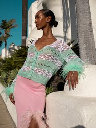 Mint Handmade Knit Sweater With Detachable Feather Details On The Cuffs And Pearl Buttons