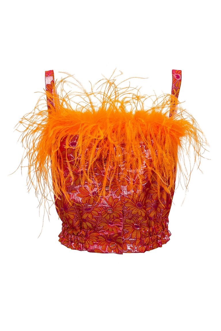 Orange Flower Top With Feather Details - Orange