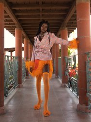 Orange Jacquard Jacket №22 with detachable feather cuffs