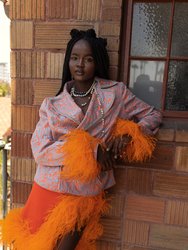 Orange Jacquard Jacket №22 with detachable feather cuffs