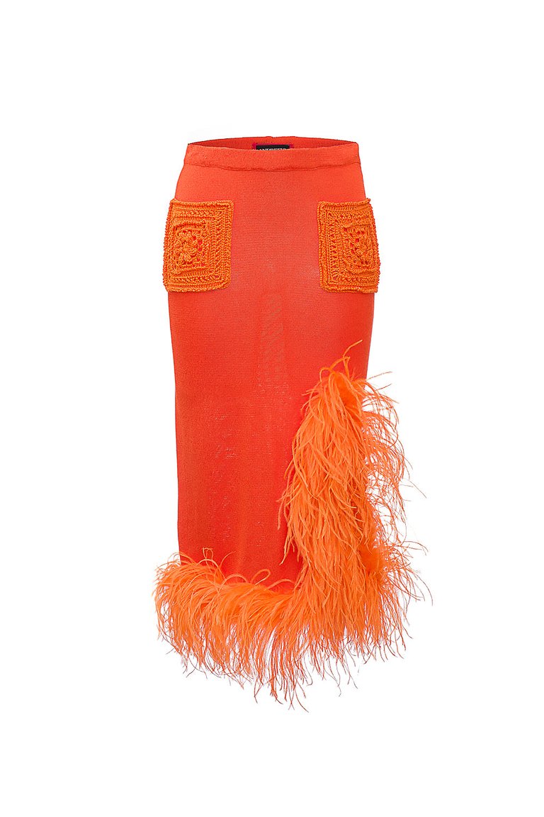 Orange Knit Skirt-Dress With Feather Details - Orange