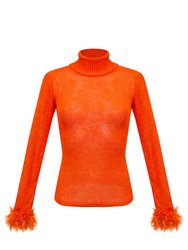 Orange Knit Turtleneck With Handmade Knit Details - Orange
