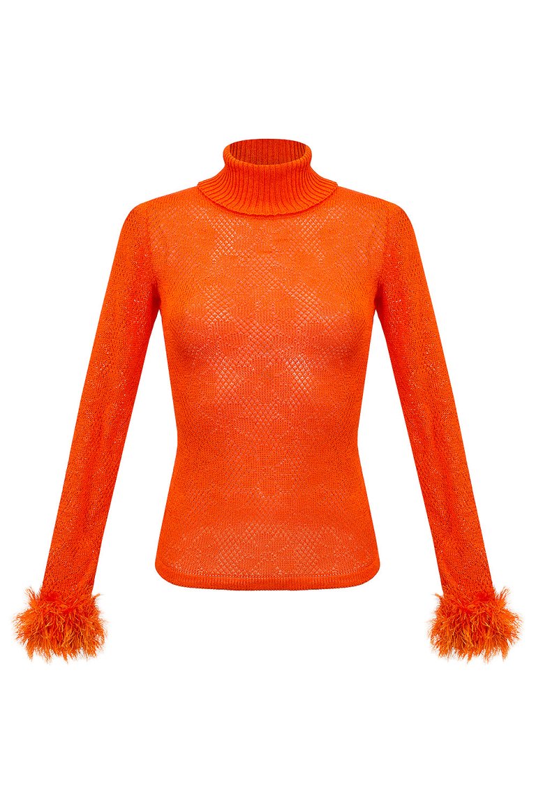 Orange Knit Turtleneck With Handmade Knit Details - Orange