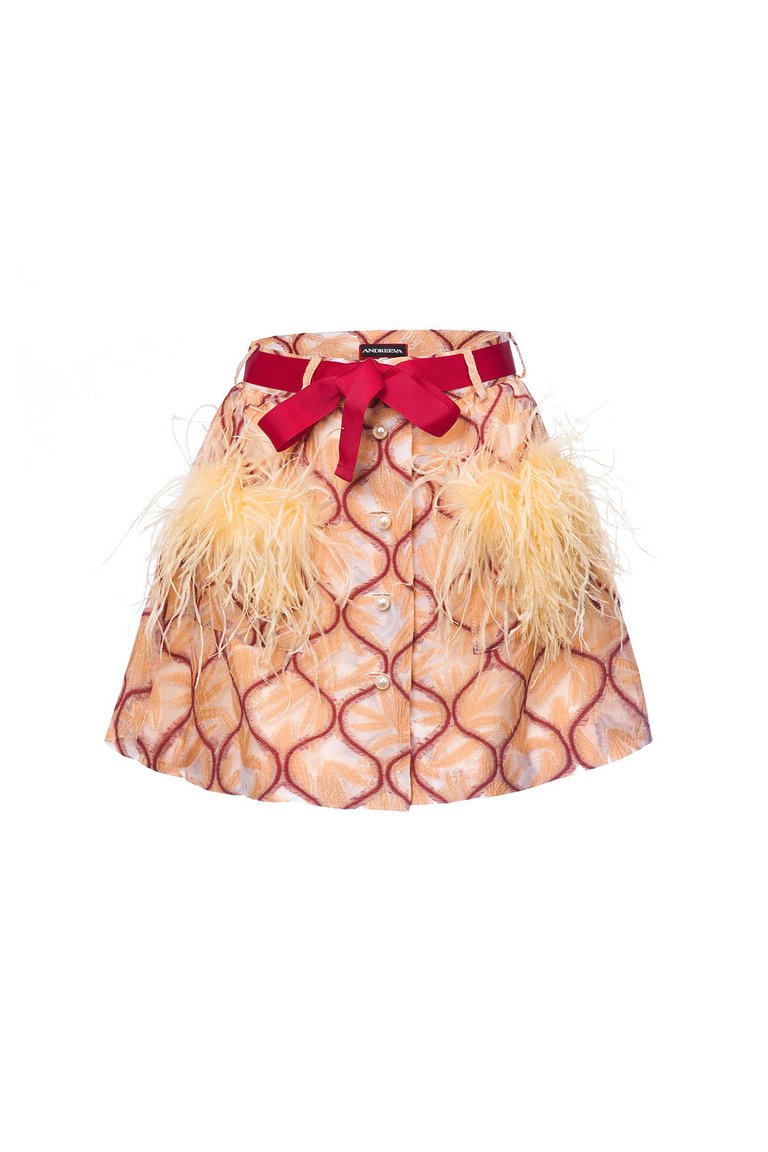 Peach Skirt With Feathers Details - Yellow