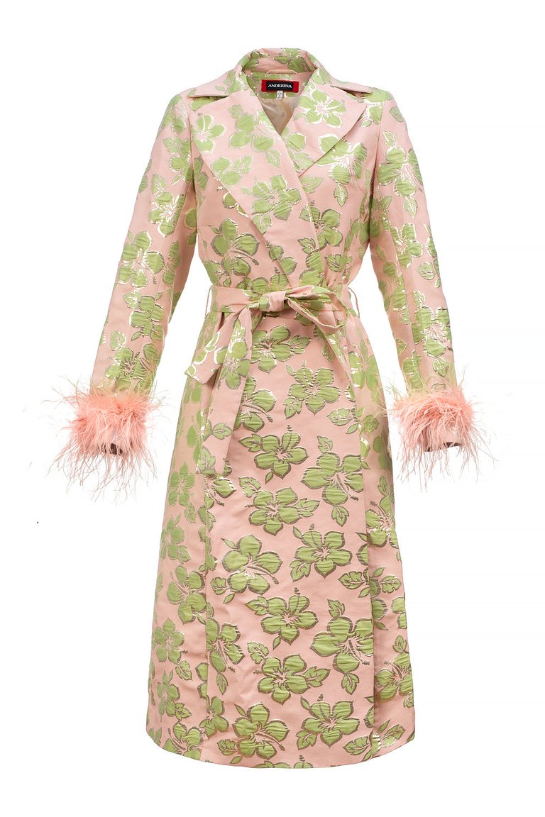 Pink Jacquard Coat №19 With Detachable Feather Cuffs - Pink
