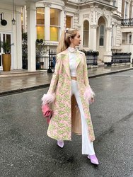 Pink Jacquard Coat №19 With Detachable Feather Cuffs
