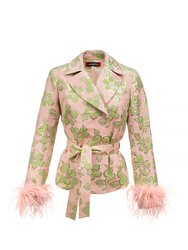 Pink Jacquard Jacket №19 with detachable feather cuffs - Pink