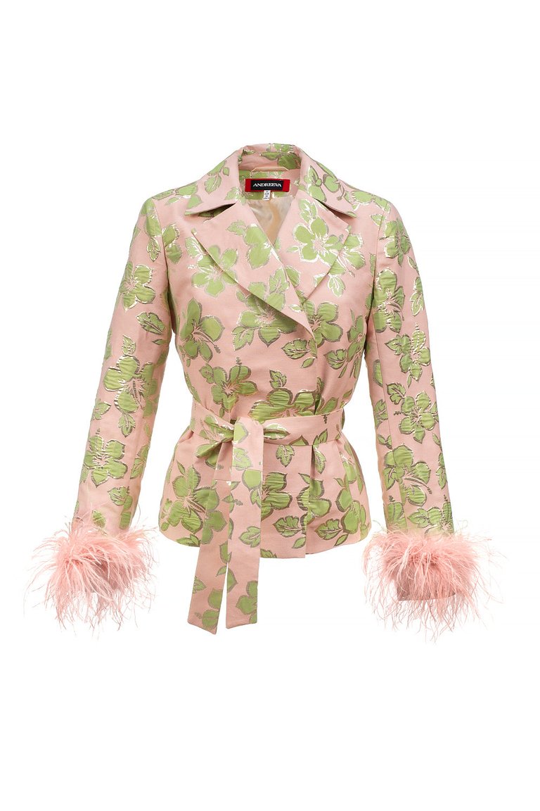 Pink Jacquard Jacket №19 with detachable feather cuffs - Pink