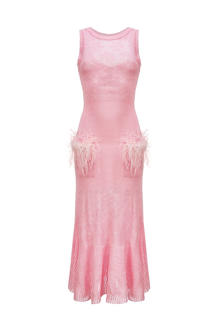 Pink Knit Dress With Feather Details - Pink