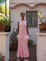 Pink Knit Dress With Feather Details