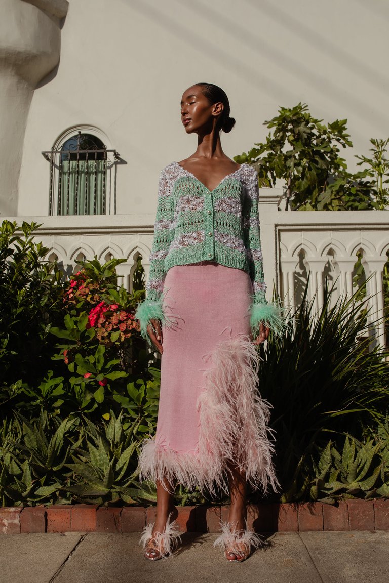 Pink Knit Skirt-Dress With Feather Details