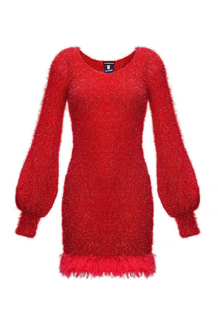 Red Handmade Knit Dress With Glitter - Red