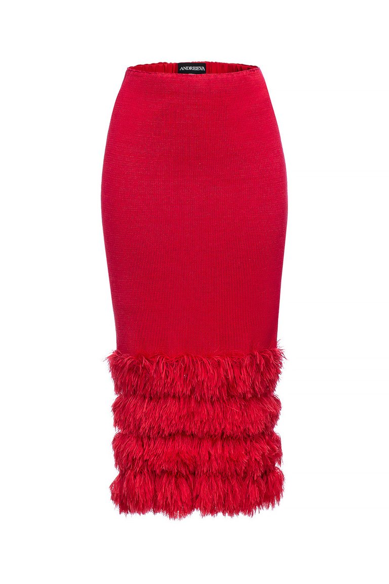 Red Knit Skirt With Handmade Knit Details - Red
