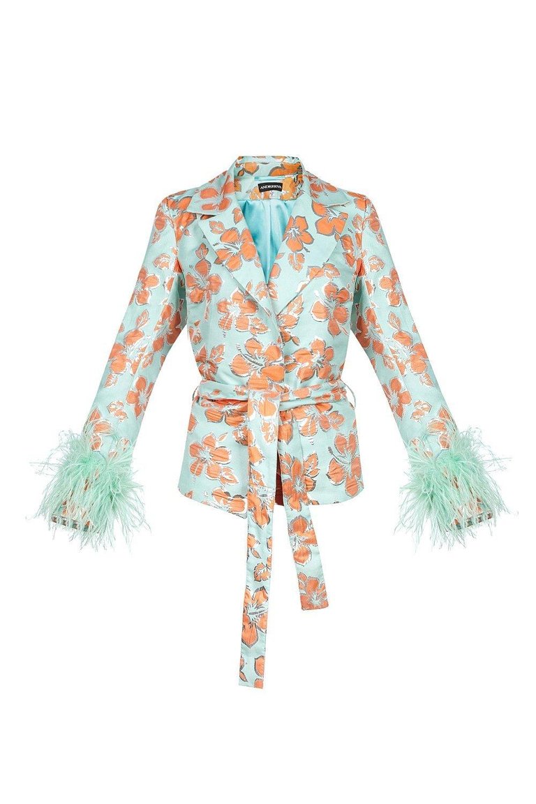 Vanilla Jacquard Jacket №19 Detachable Feather Cuffs - Multicolor