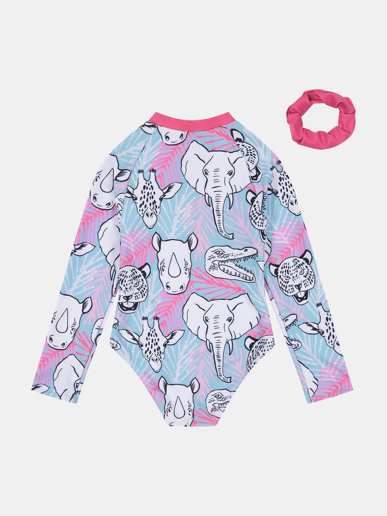 Girls Aqua Animals Rashguard 1-Piece Swimsuit